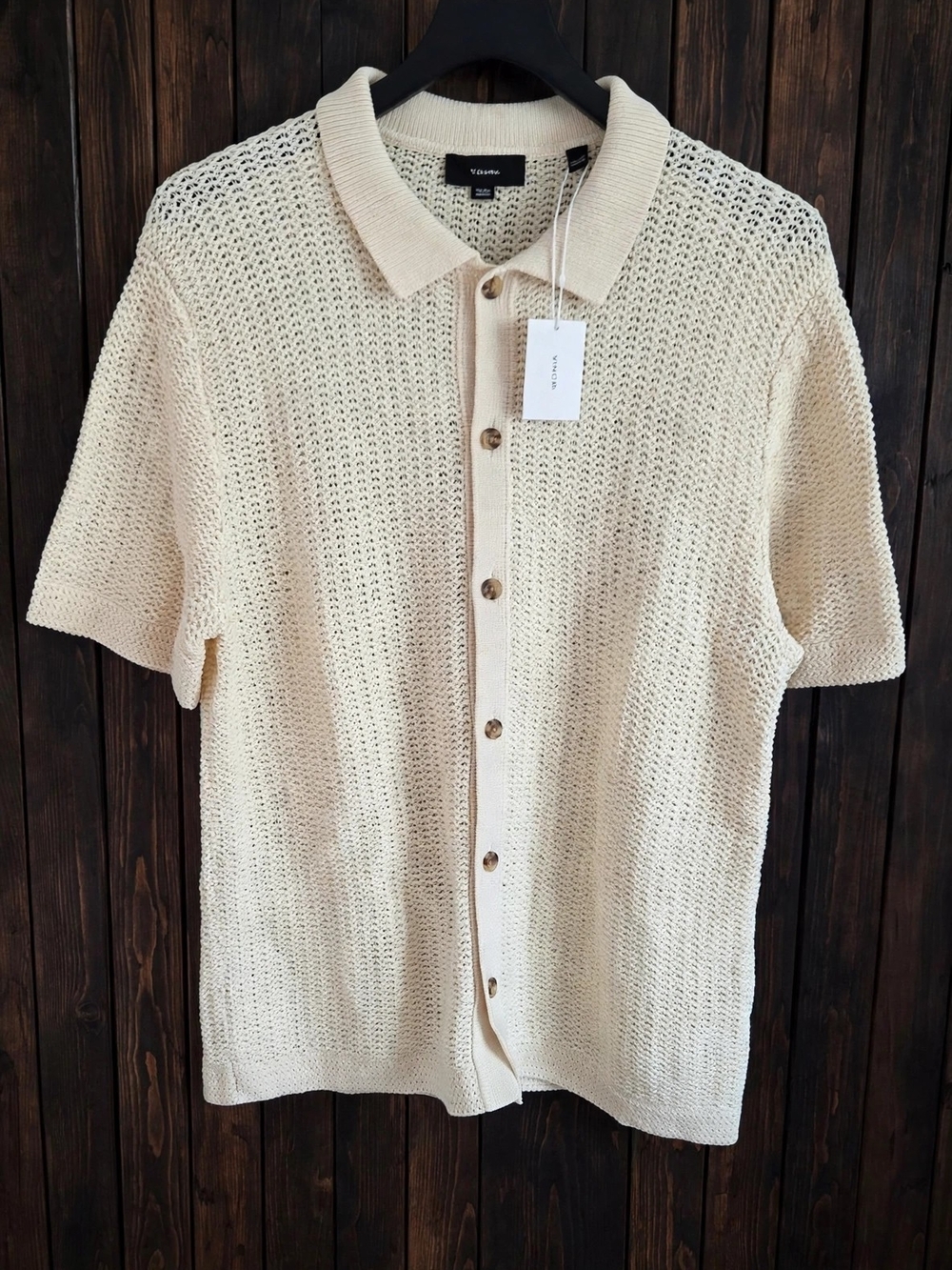 Vince NWT Mens Crochet Cotton Short Sleeve Button Up Shirt Bone Size M $348 Re